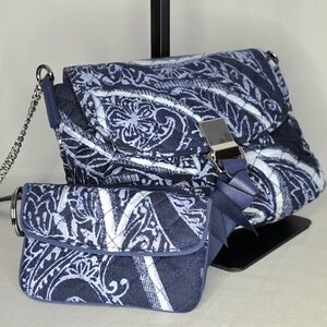 Vera Bradley Quilted Crossbody & Matching Wallet Set | Blue White Print | Chain
